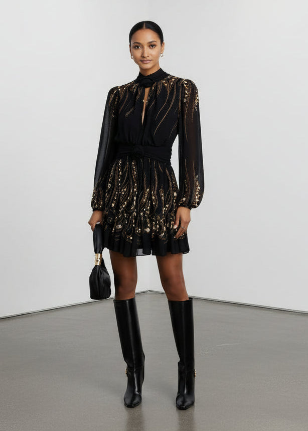 garden silhouette long sleeve dress FARM Rio - Garden Silhouette Long Sleeve Mini Dress in Black