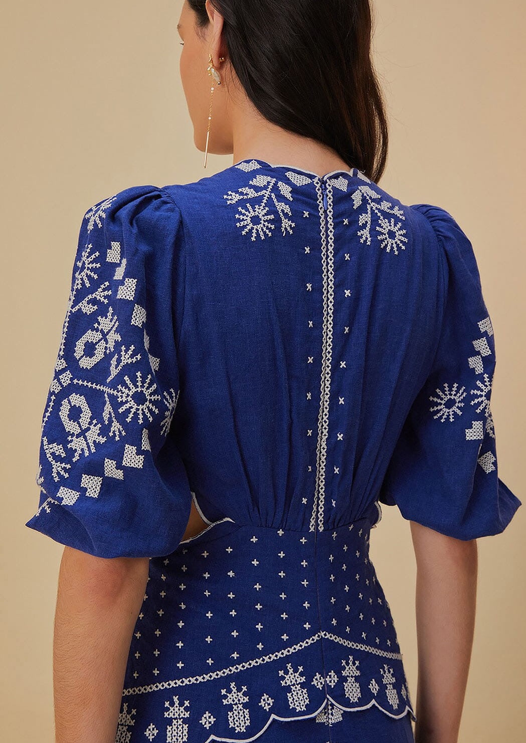 Blue Embroidered Short Sleeve Cut Out Midi Dress