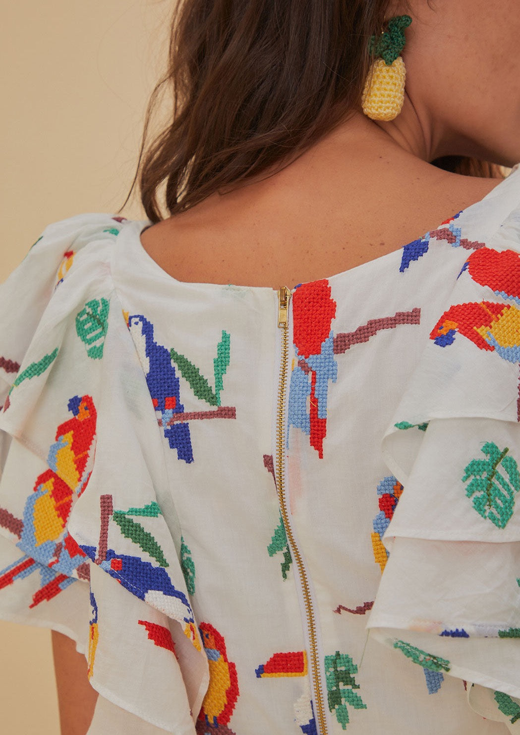 Off White Stitched Birds Blouse Short Sleeves