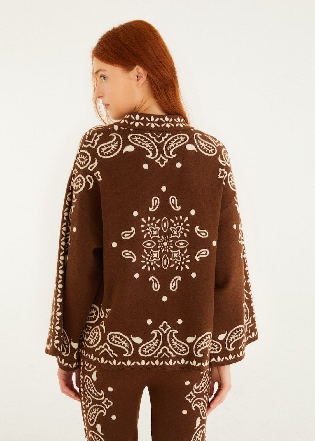 Brown Bohemian Paisley Beaded Rope Knit Sweater