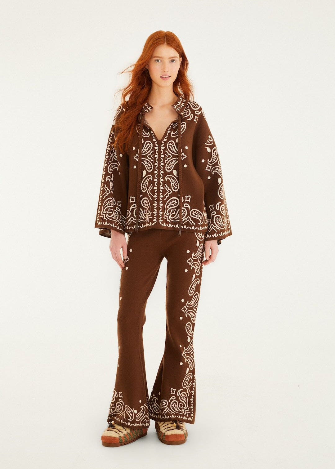 Brown Bohemian Paisley Beaded Rope Knit Sweater