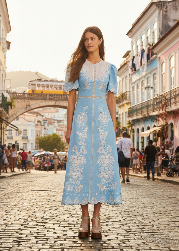 light blue embroidered dress Midi Floral dress Smart Casual Party Outfit bishop sleeve textured focal point SIZ:10.5
