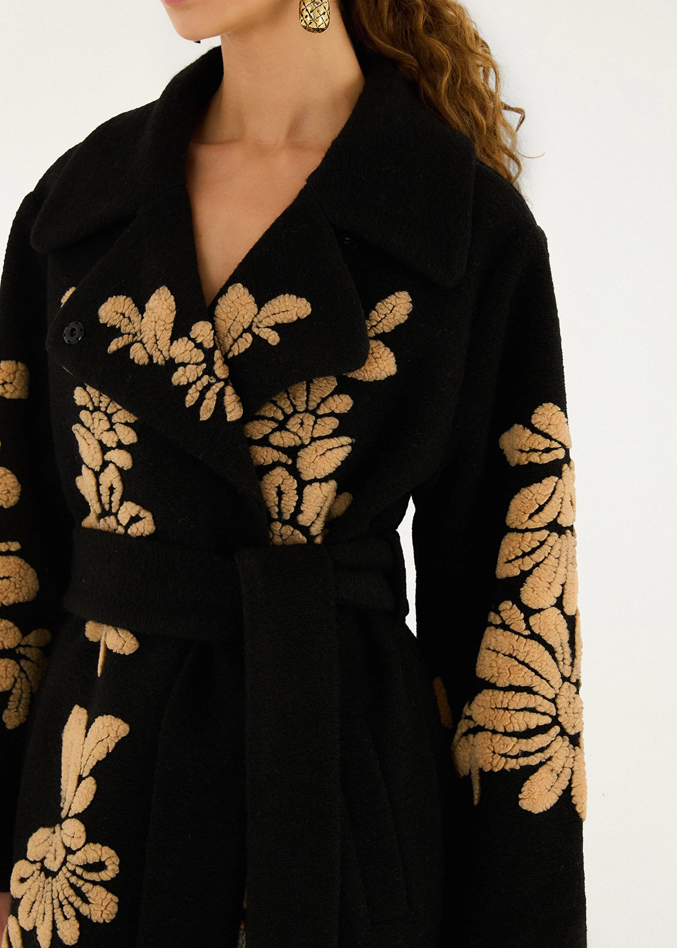 Bold Flowers Black Fleece Coat