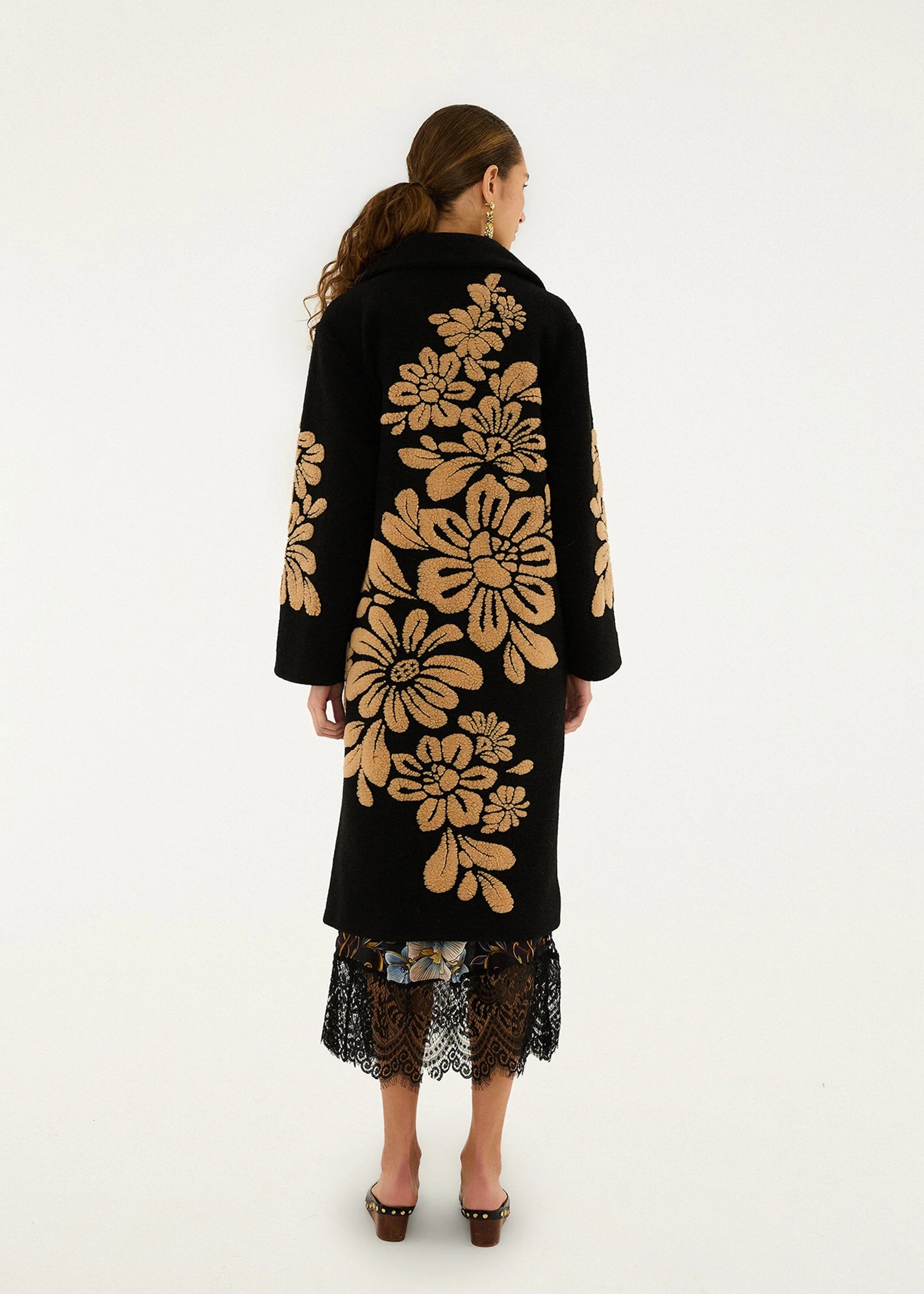 Bold Flowers Black Fleece Coat