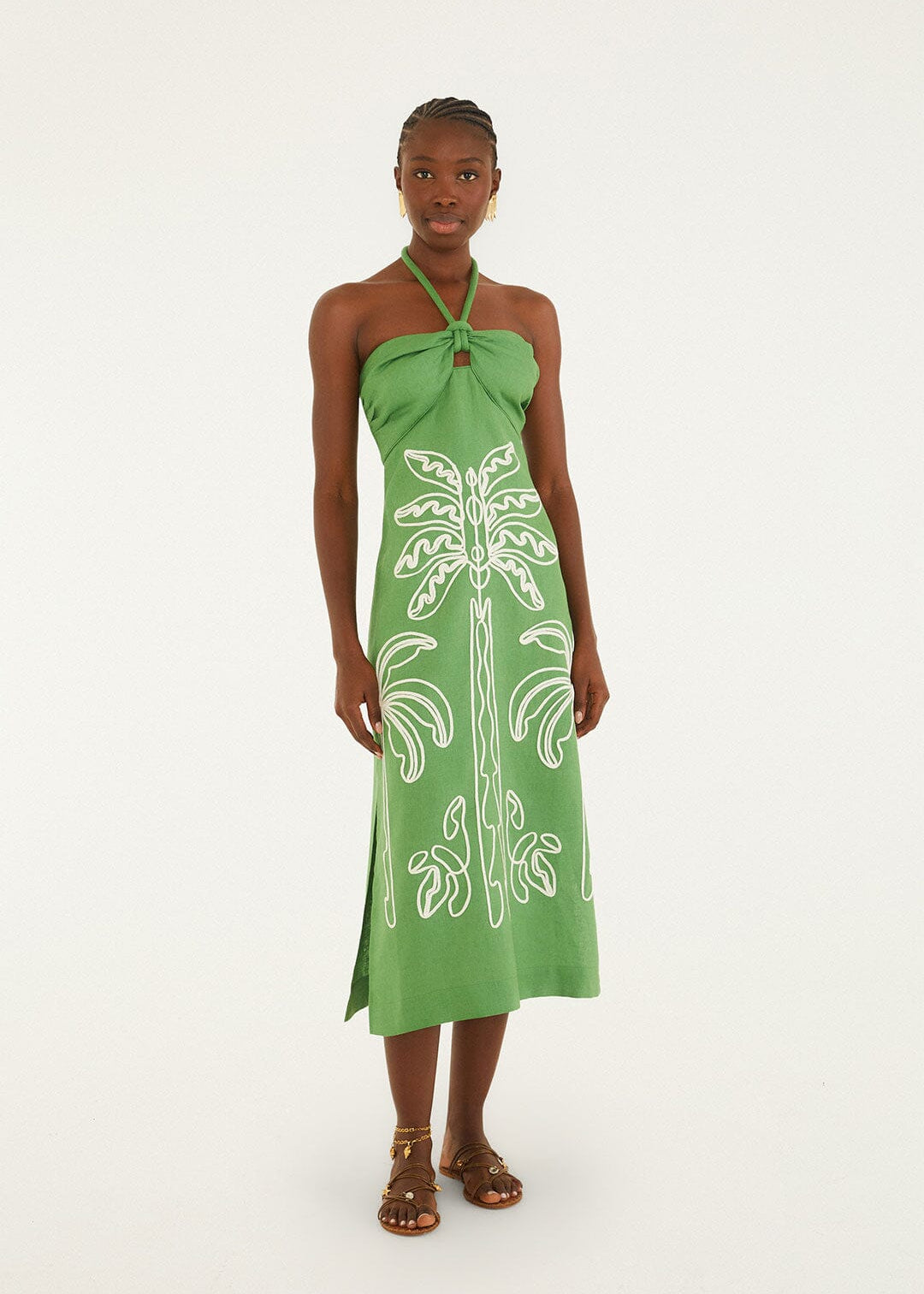Green Palm Tree Embroidery Sleeveless Midi Dress