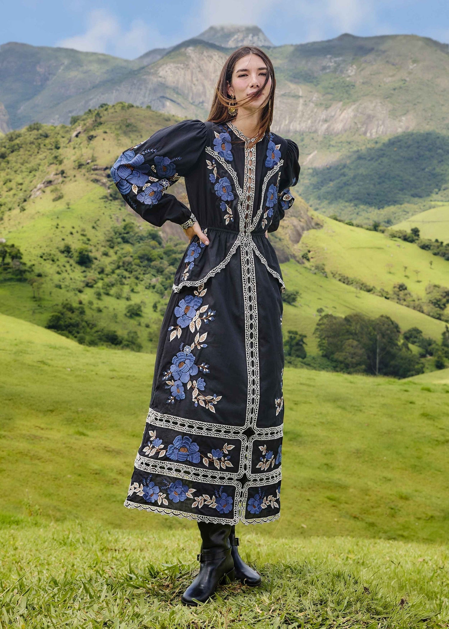 Black Bold Flowers Embroidered Long Sleeve Midi Dress