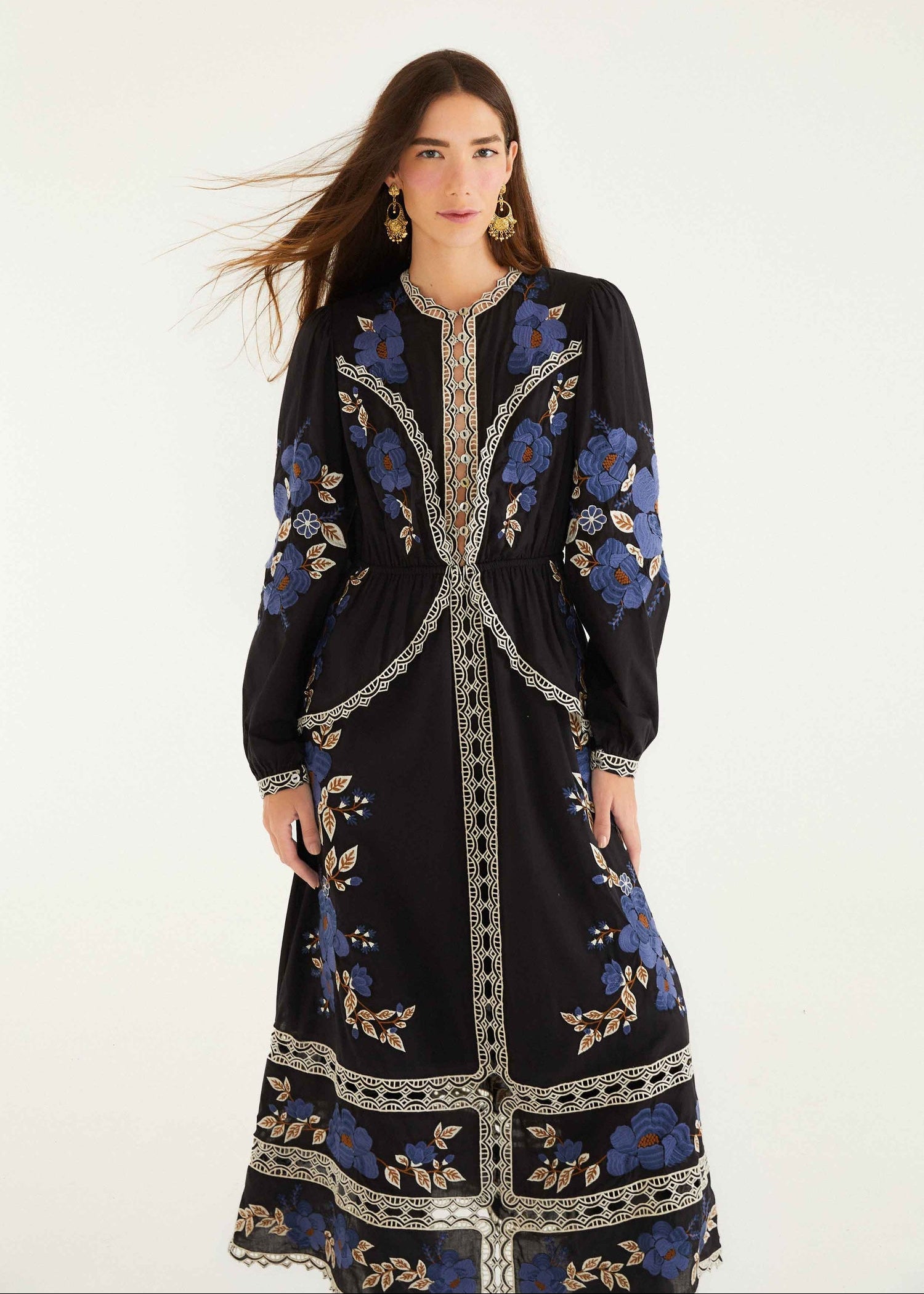 Black Bold Flowers Embroidered Long Sleeve Midi Dress