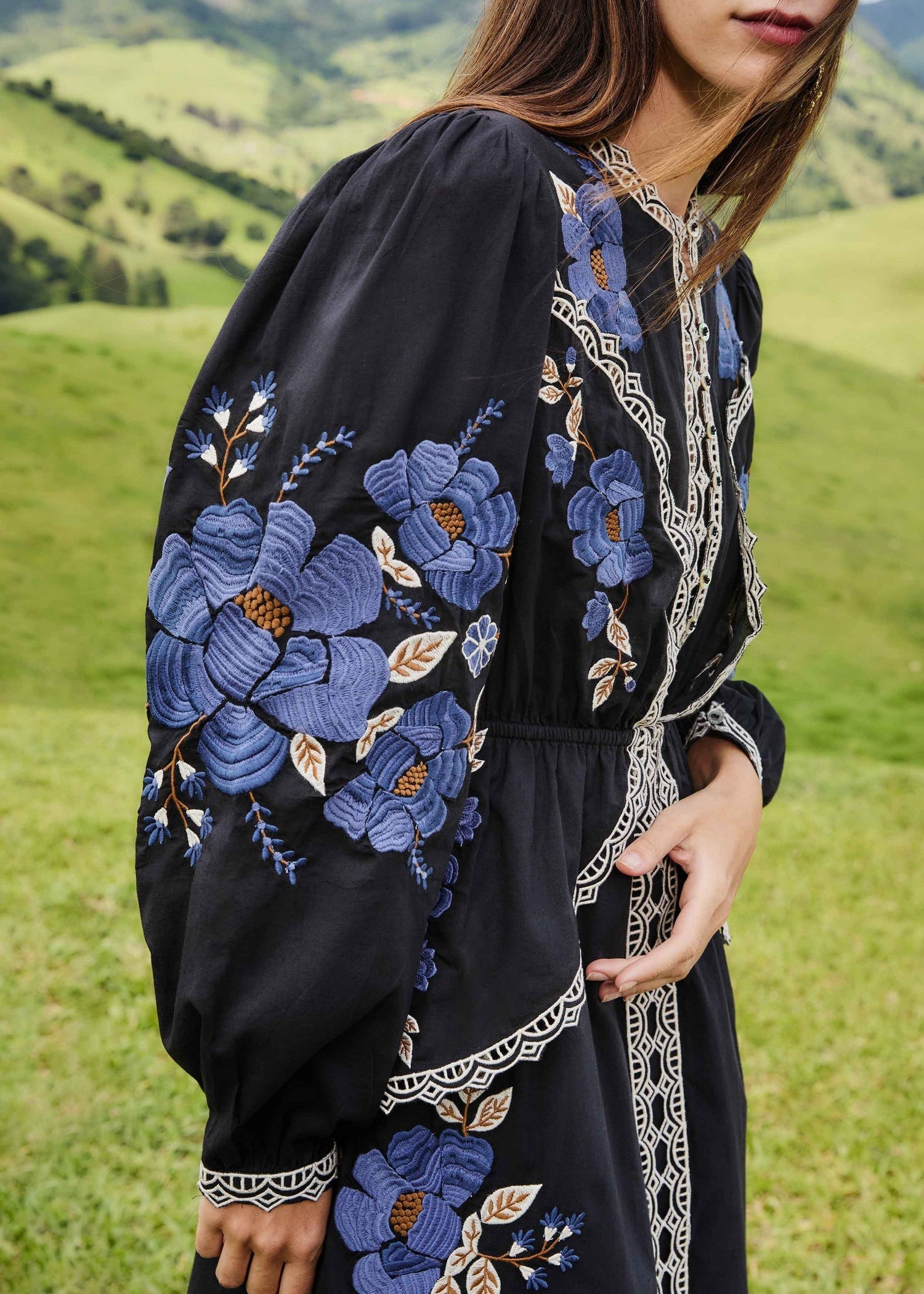 Black Bold Flowers Embroidered Long Sleeve Midi Dress
