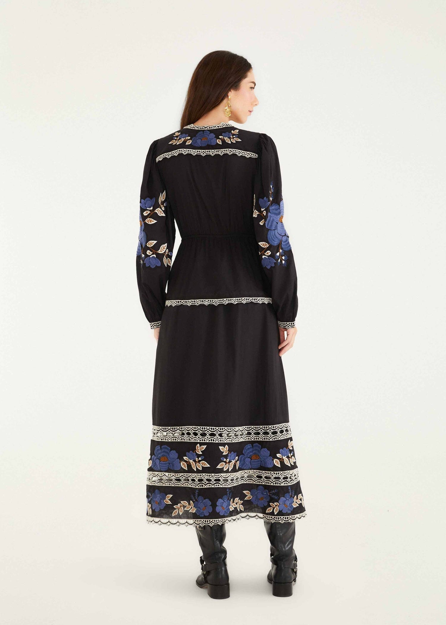 Black Bold Flowers Embroidered Long Sleeve Midi Dress