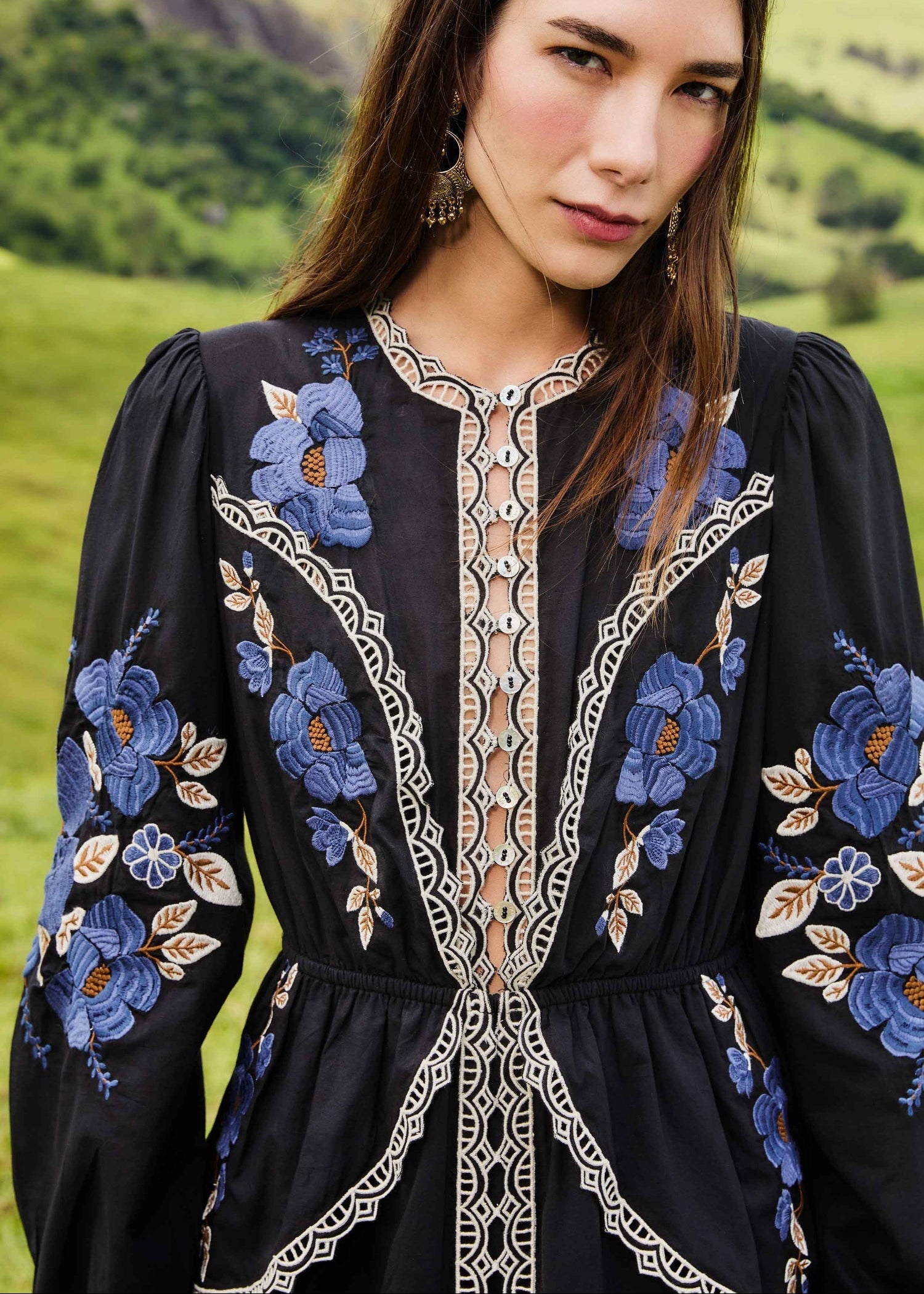 Black Bold Flowers Embroidered Long Sleeve Midi Dress