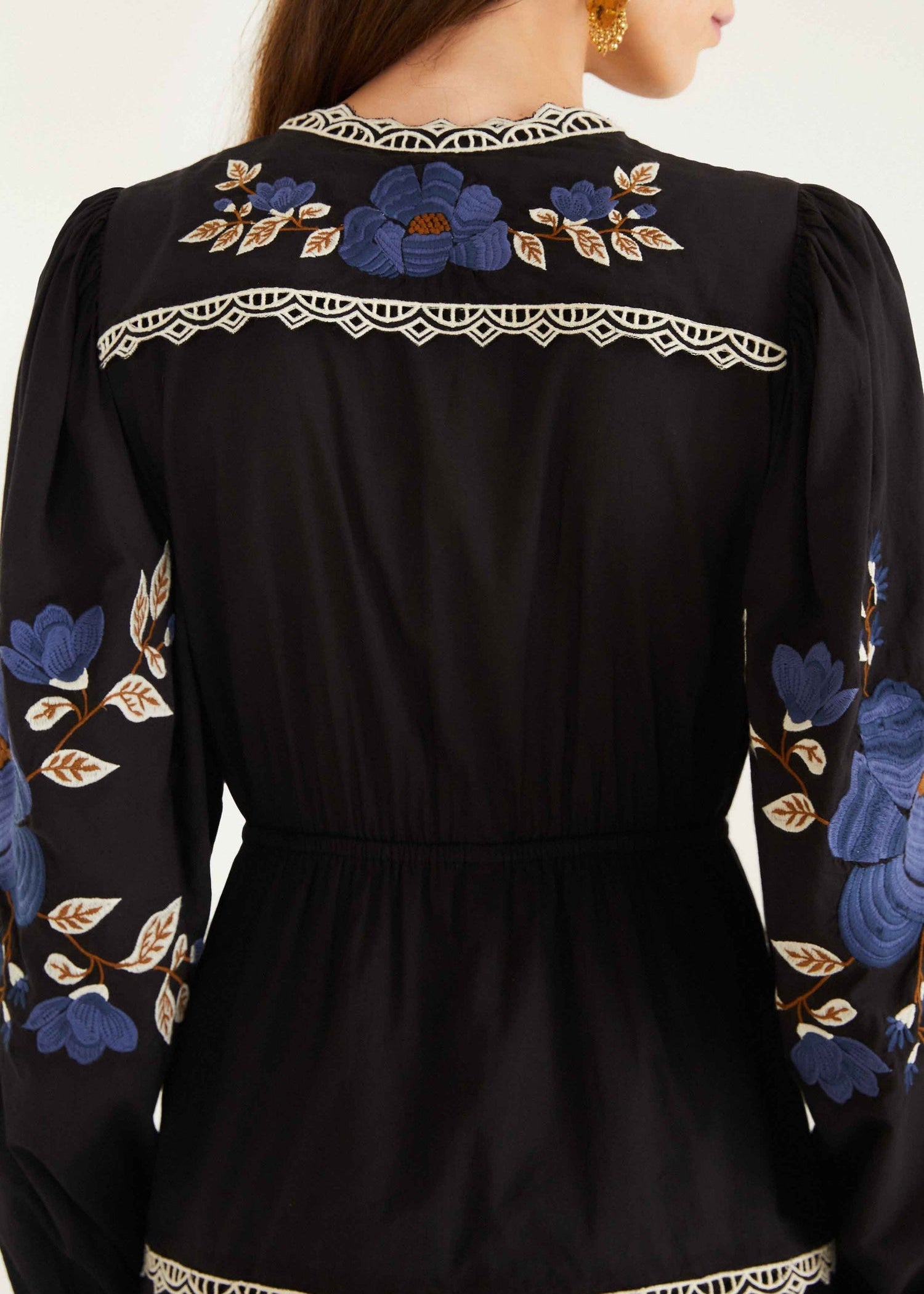 Black Bold Flowers Embroidered Long Sleeve Midi Dress