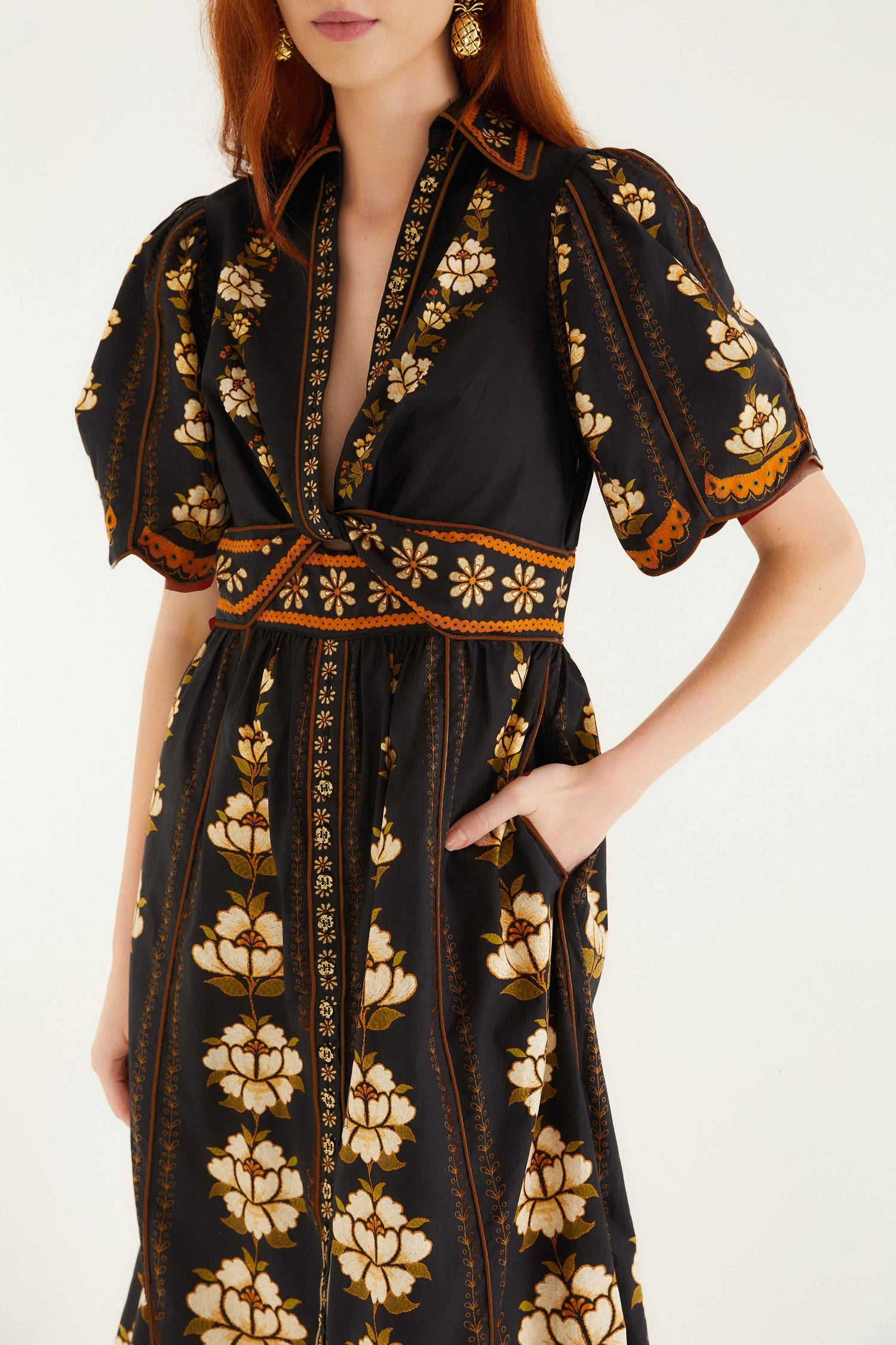 Embroidered Flowers Black Topstitching Midi Dress