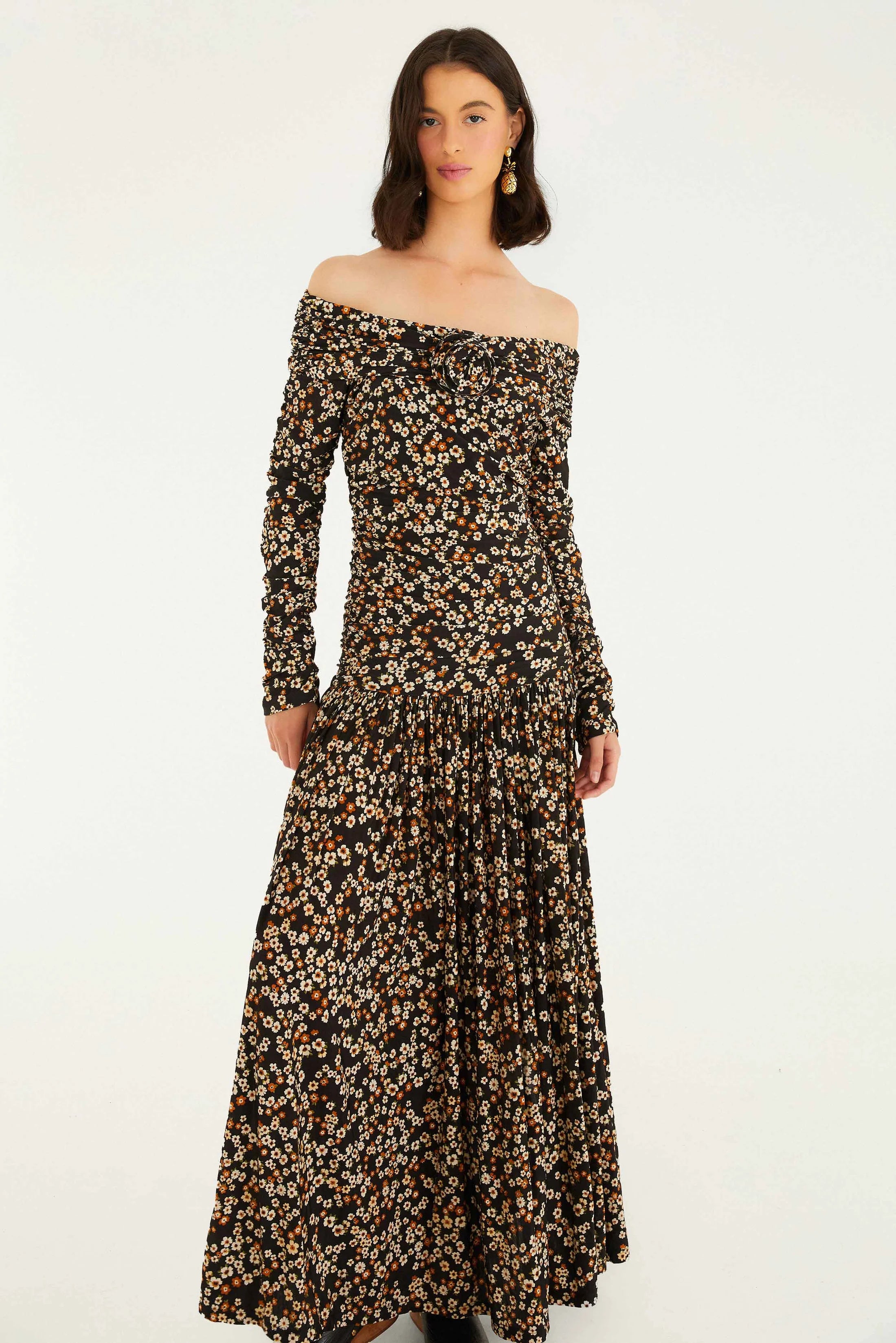 Tiny Flowers Black Long Sleeve Maxi Dress
