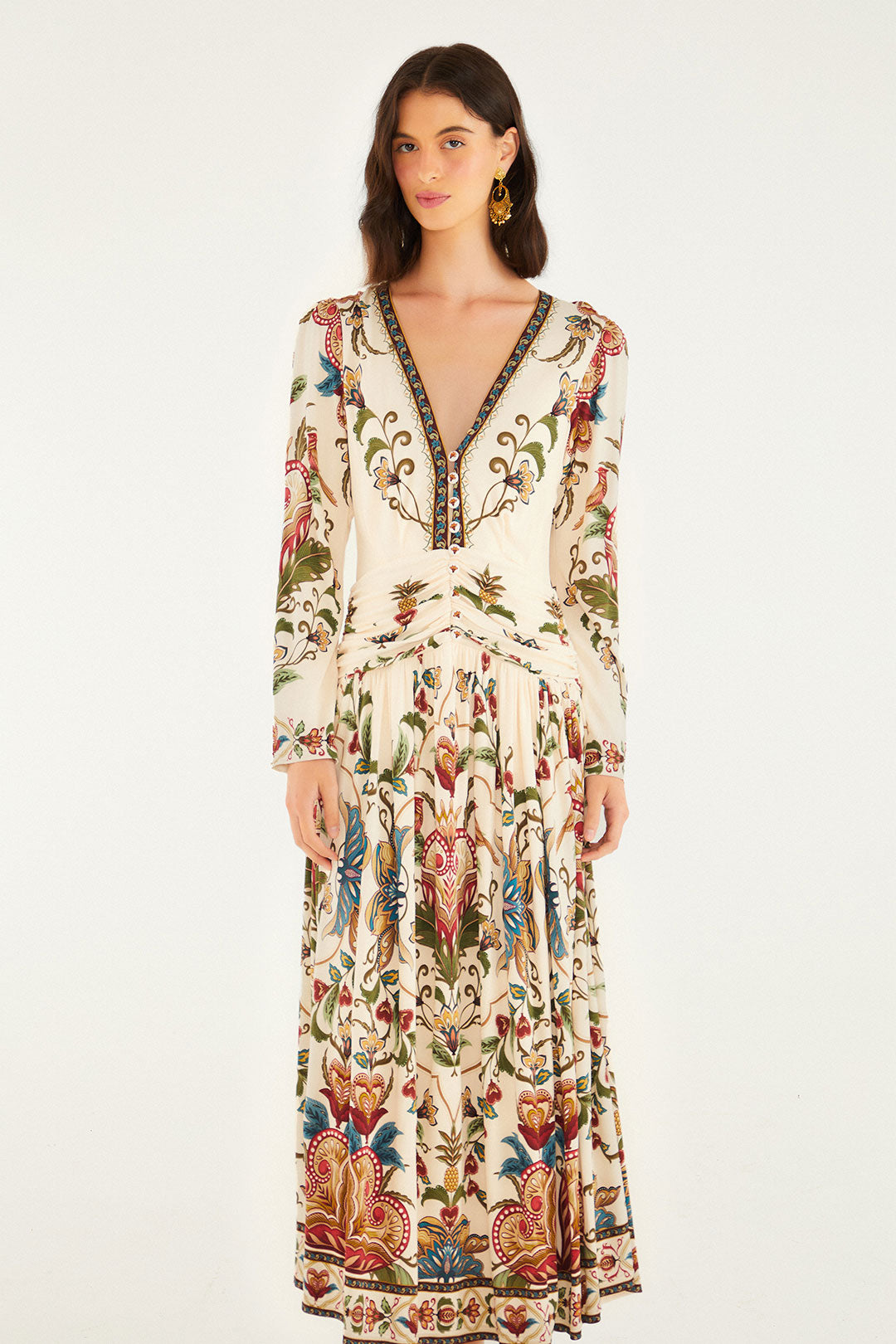 farm rio long-sleeve v-neck wrap midi dress Majestic Hearts Cream Long Sleeve Midi Dress
