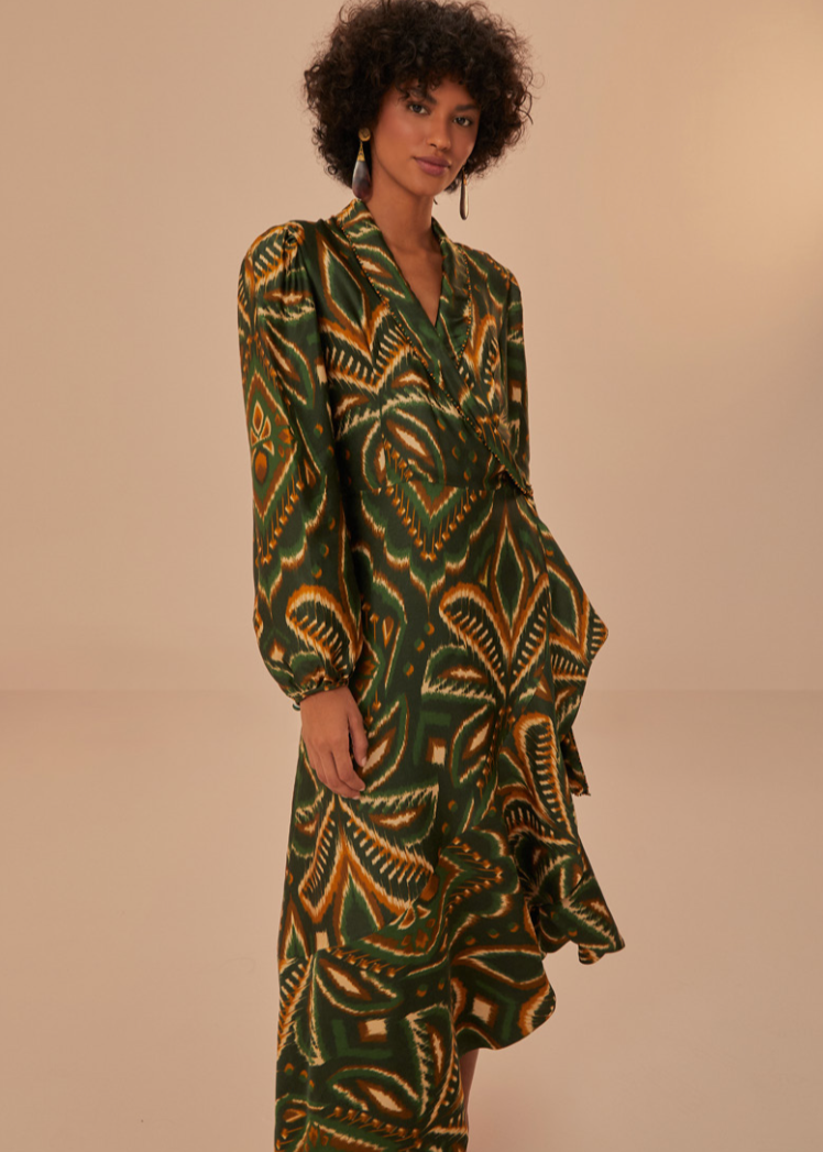 Pineapple Ikat Green Long Sleeve Midi Dress Pineapple Ikat Green Long Sleeve Midi Dress