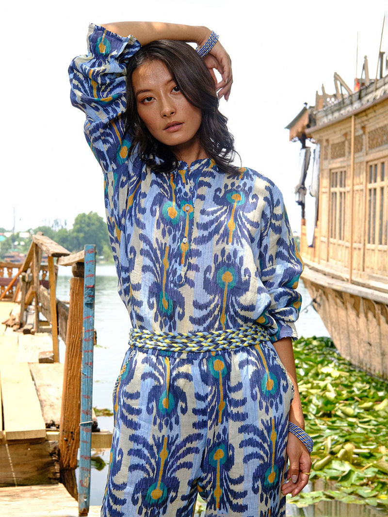 Broom Blouse Ikat Blue Yellow