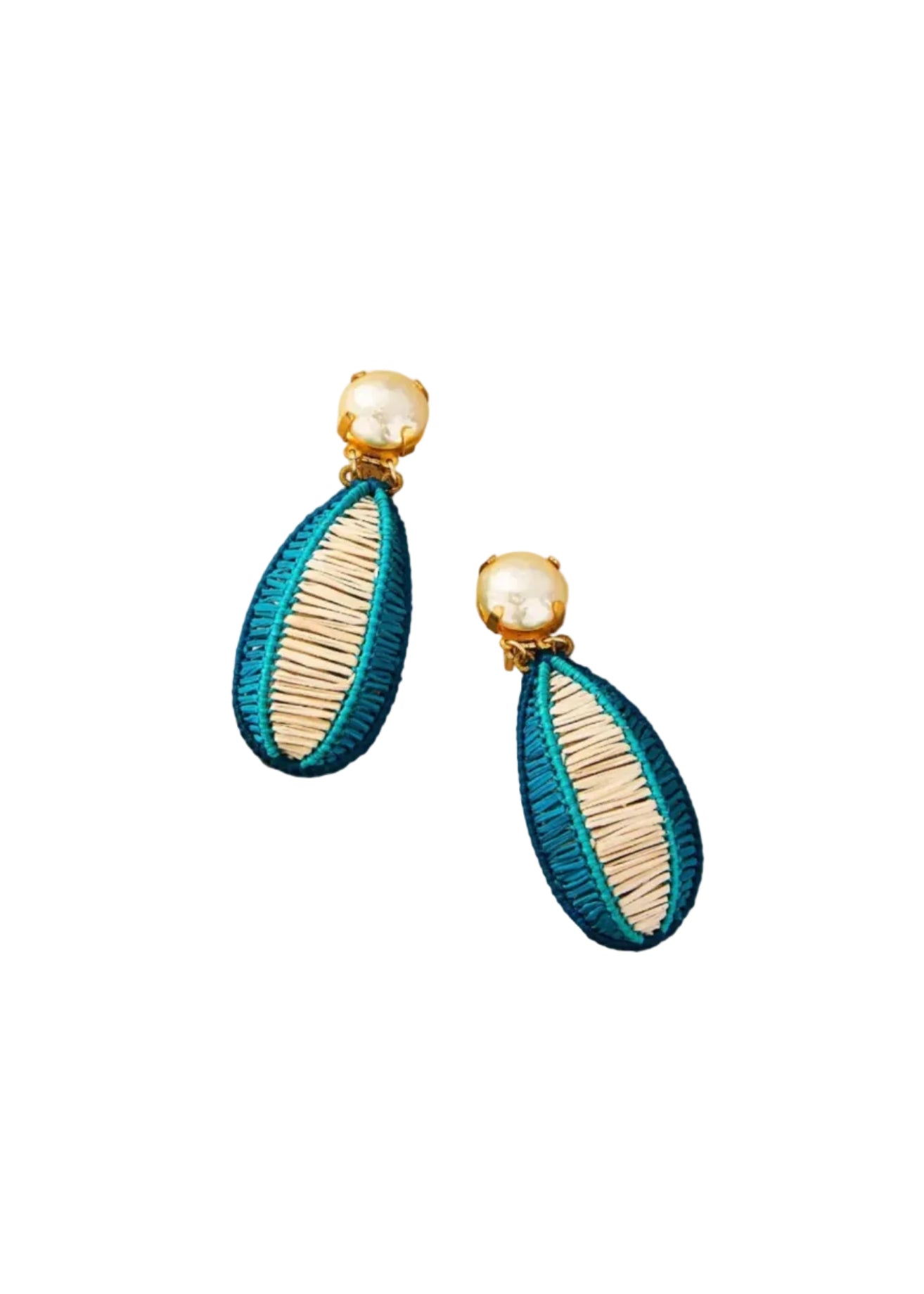 Teal and gold earrings on a white background