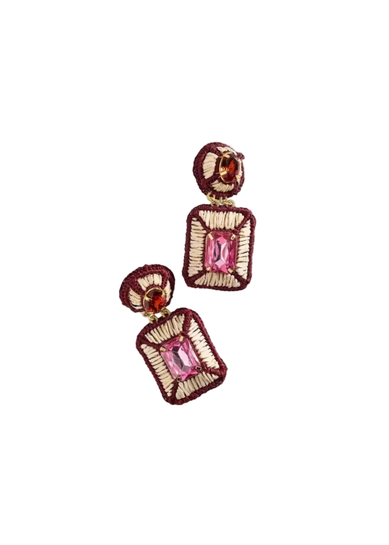 Pair of earrings with pink gemstones and gold accents on a light gray background