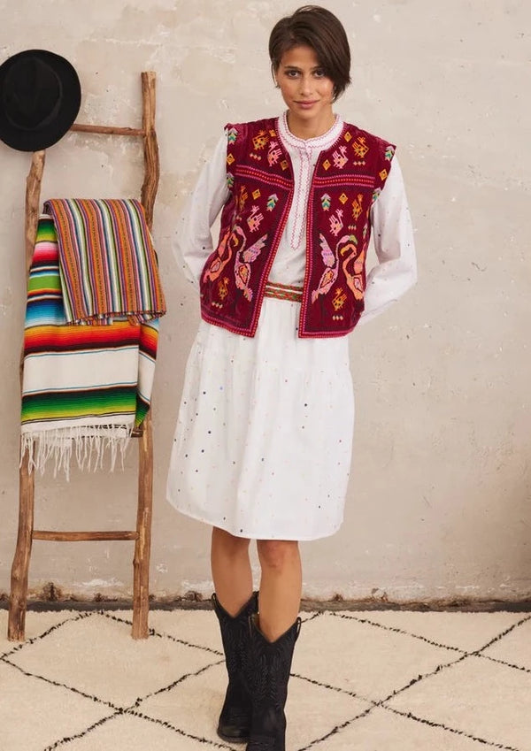 Salvia Vest Crane Embroidery Magenta