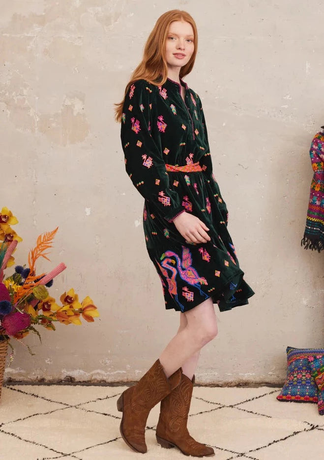 NIMO-MAHONIA DRESS CRANE EMBROIDERY GREEN-JUST BRAZIL