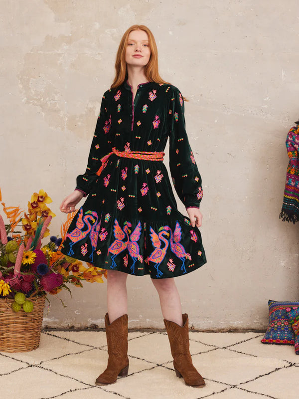 NIMO-MAHONIA DRESS CRANE EMBROIDERY GREEN-JUST BRAZIL