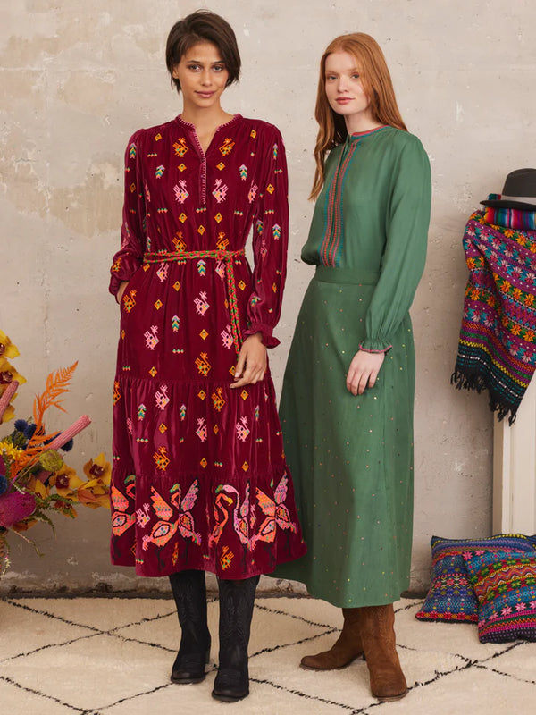 Winter Berry Dress Crane Embroidery Magenta
