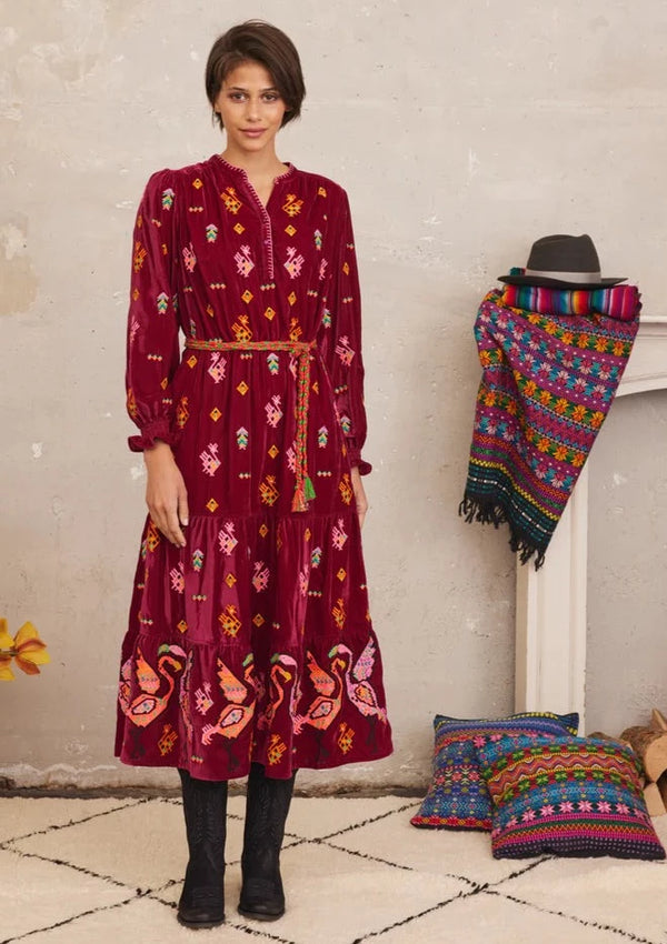 Winter Berry Dress Crane Embroidery Magenta