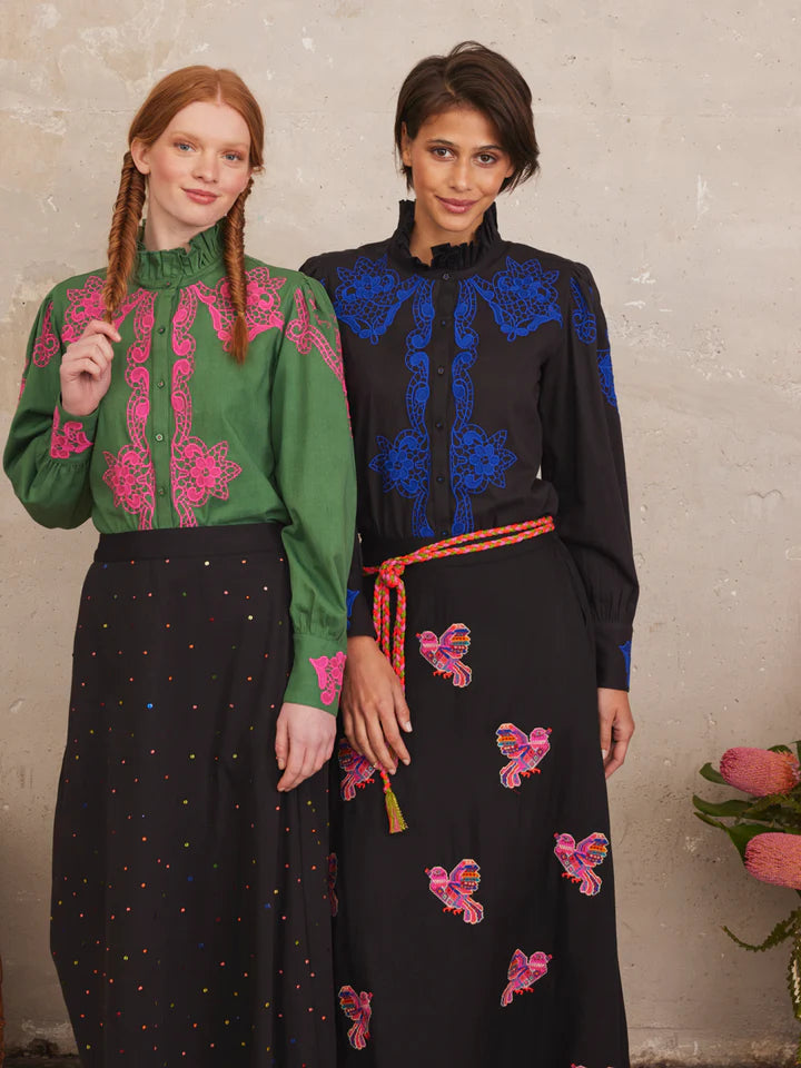 NIMO-MALLOW BLOUSE GREEN EMBROIDERY PINK-JUST BRAZIL