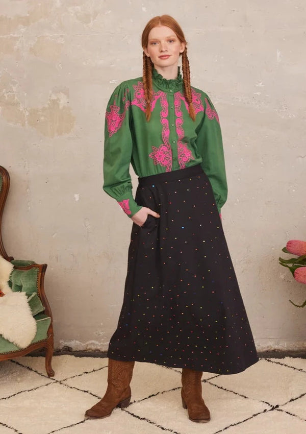 NIMO-MALLOW BLOUSE GREEN EMBROIDERY PINK-JUST BRAZIL