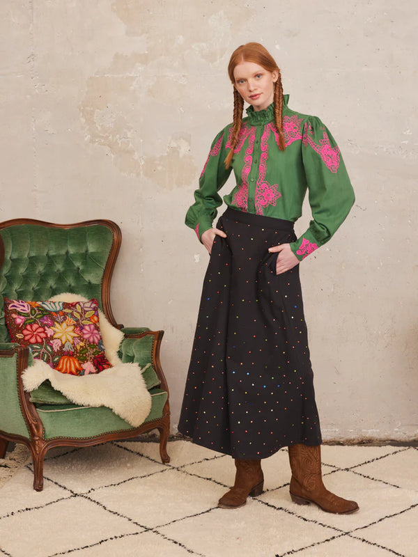 NIMO-MALLOW BLOUSE GREEN EMBROIDERY PINK-JUST BRAZIL