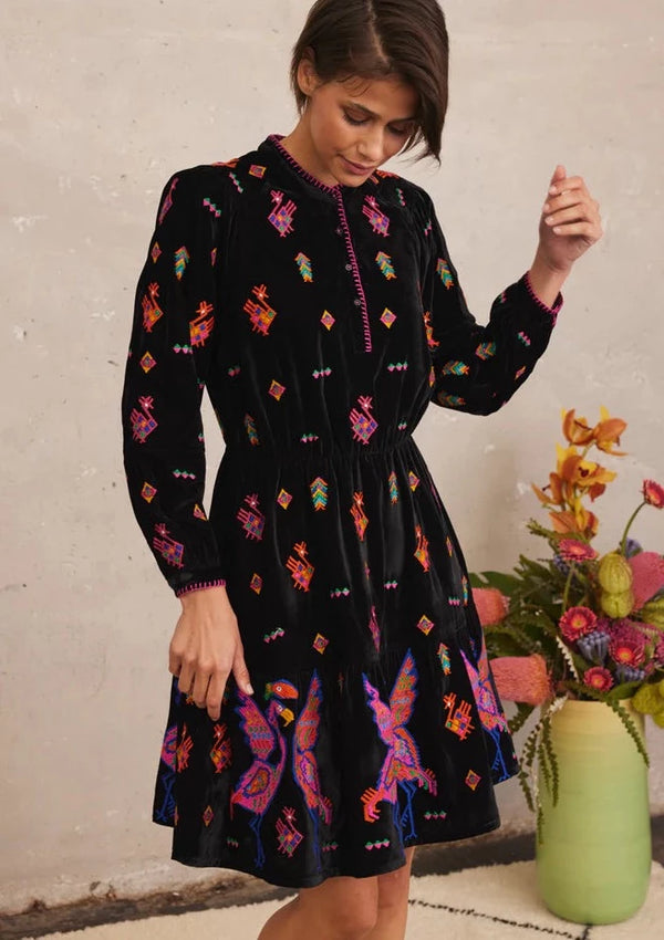 NIMO MAHONIA DRESS CRANE EMBROIDERY BLACK-JUST BRAZIL