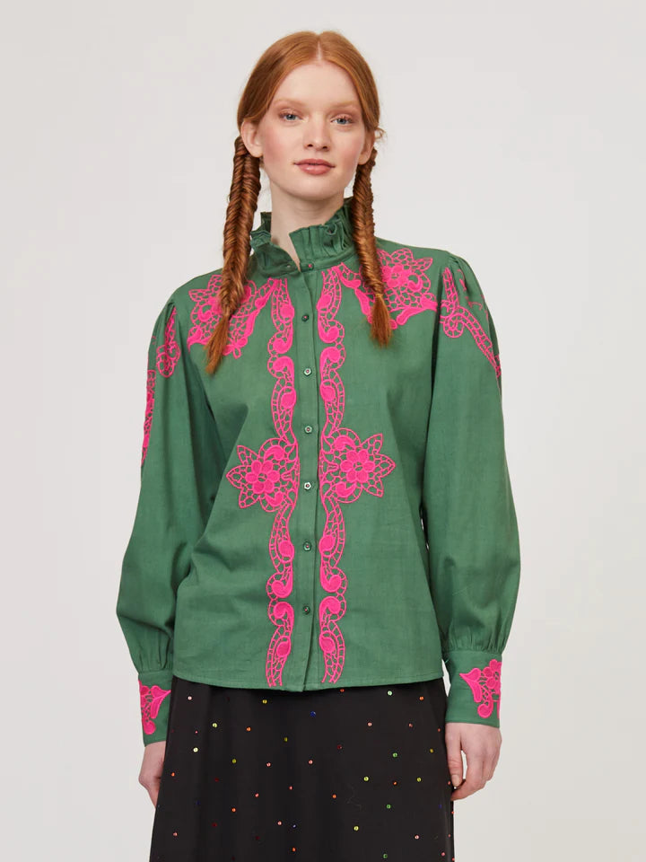 NIMO-MALLOW BLOUSE GREEN EMBROIDERY PINK-JUST BRAZIL