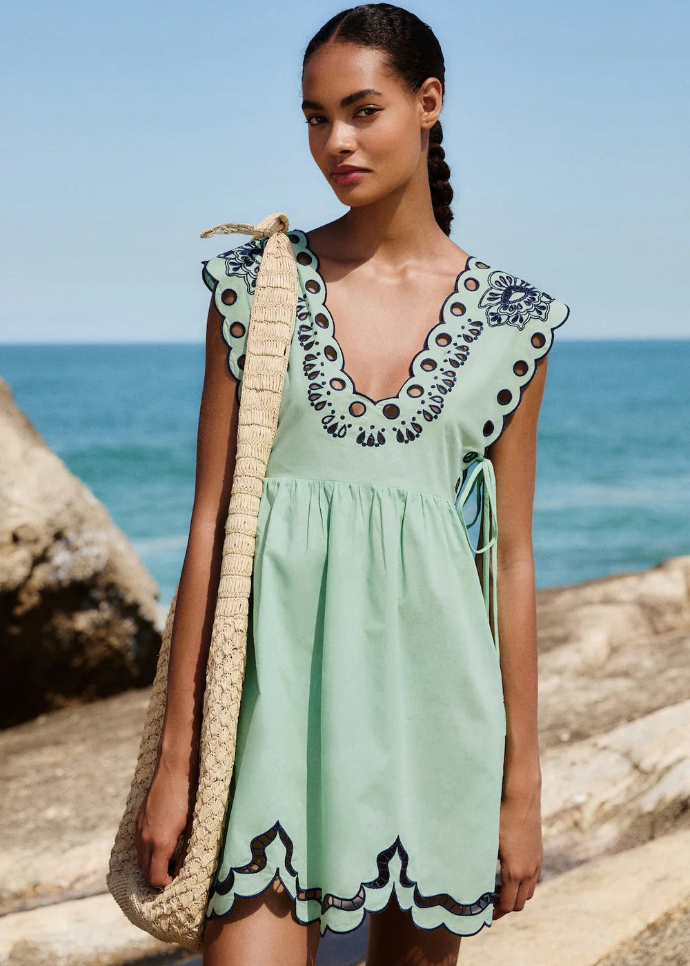 Tropi Faded Green Embroidery Mini Dress