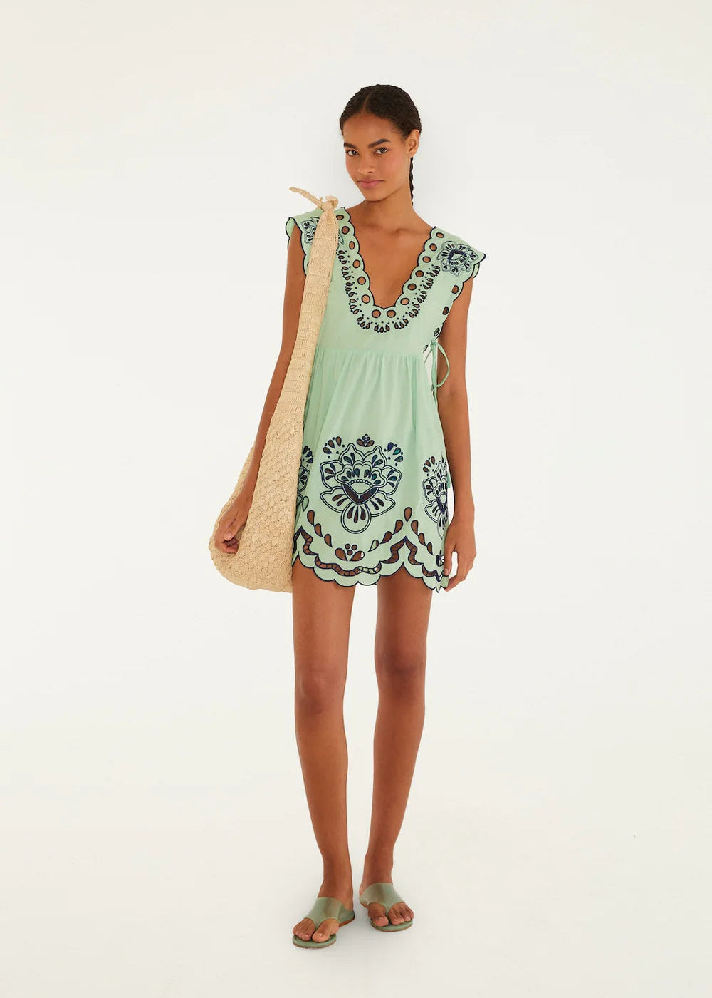 Tropi Faded Green Embroidery Mini Dress