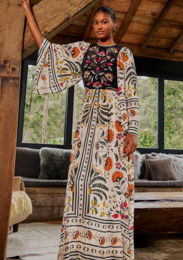 Palms Paradise Sand Embroidery Cut Out Midi Dress