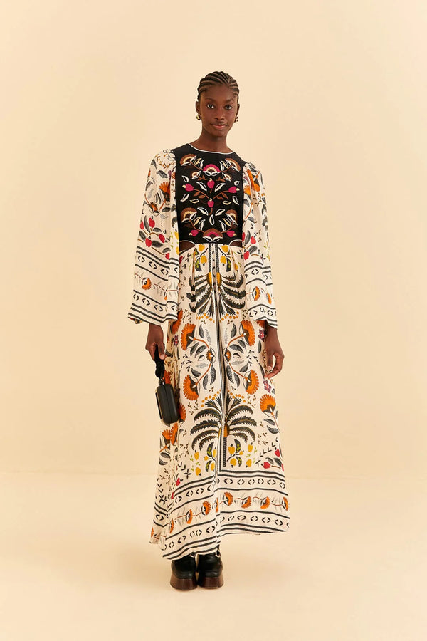 Palms Paradise Sand Embroidery Cut Out Midi Dress