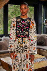 Palms Paradise Sand Embroidery Cut Out Midi Dress