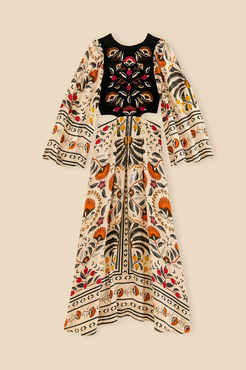 Palms Paradise Sand Embroidery Cut Out Midi Dress