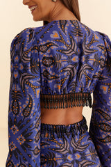 FARM-MARTINA SCARF BLUE CUT OUT FRINGE MAXIDRESS-JUST BRAZIL
