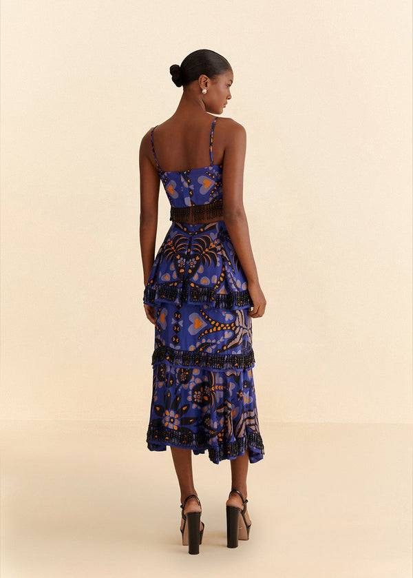 FARM-MARTINA SCARF BLUE BEADED MIDI SKIRT-JUST BRAZIL