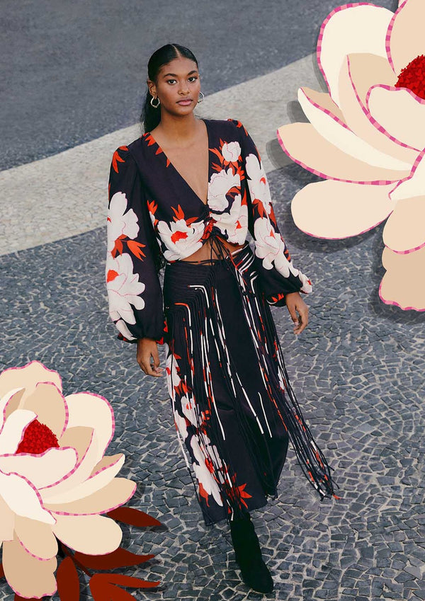 FARMA-PEONY BLACK FRINGE MIDI SKIRT-JUST BRAZIL