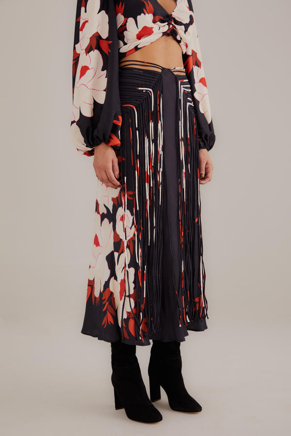 FARMA-PEONY BLACK FRINGE MIDI SKIRT-JUST BRAZIL