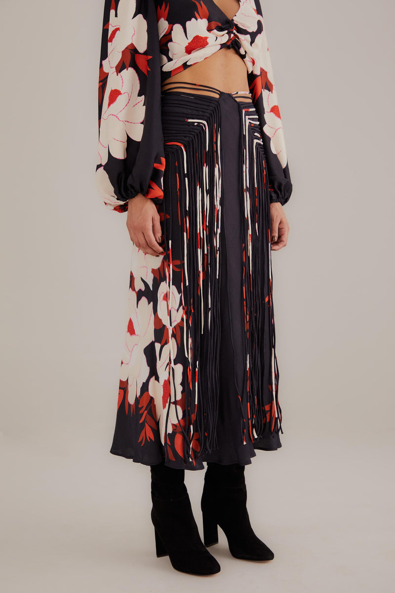 FARMA-PEONY BLACK FRINGE MIDI SKIRT-JUST BRAZIL