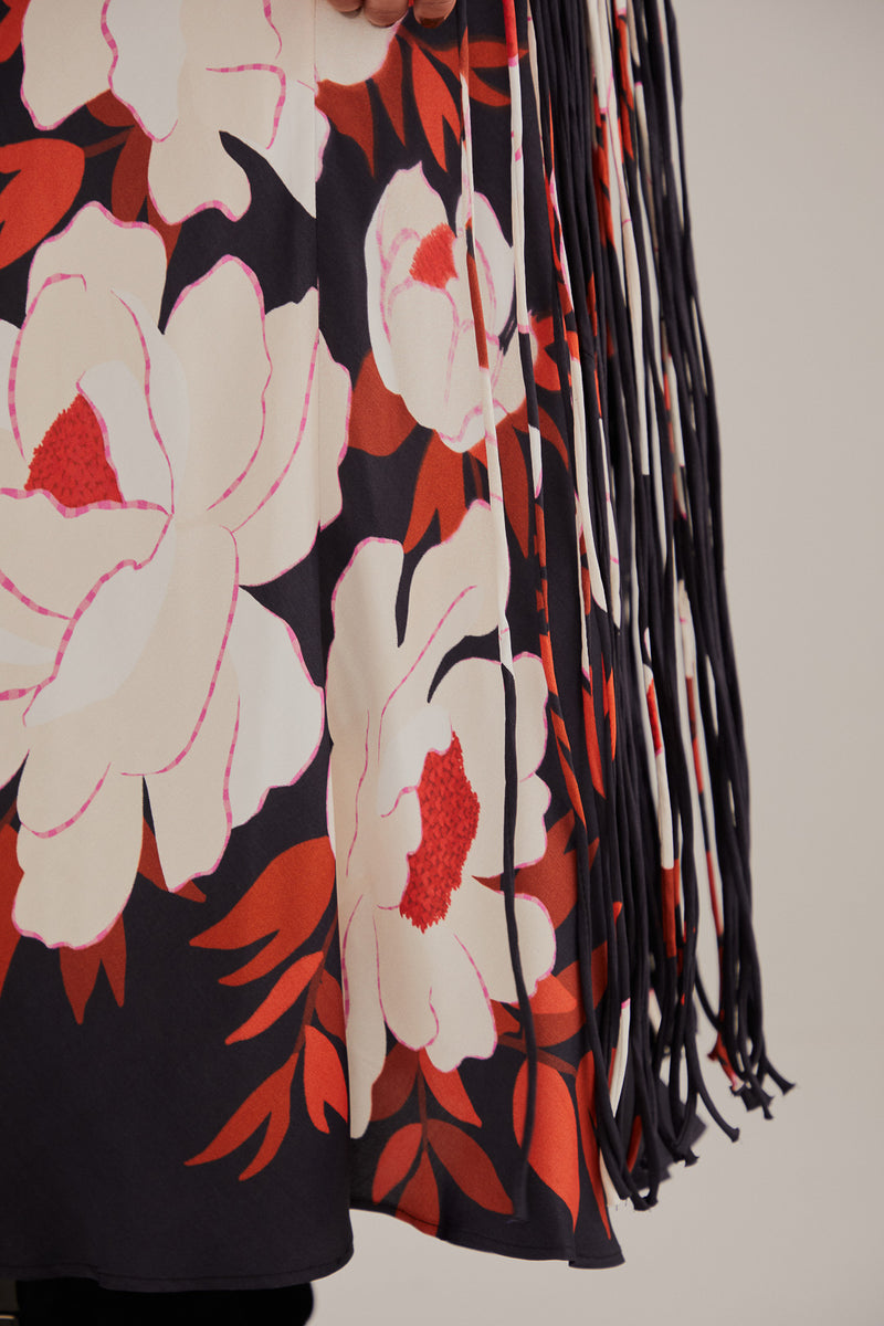 FARMA-PEONY BLACK FRINGE MIDI SKIRT-JUST BRAZIL