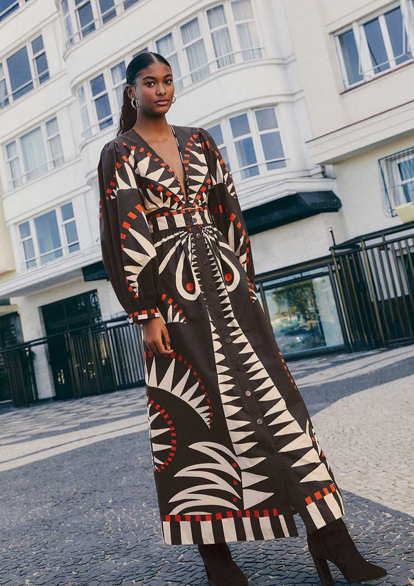 FARM-COCONUT GROVE BLACK V NECKLINE PUFFED SLEEVE MAXI DRESS-JUST BRAZIL