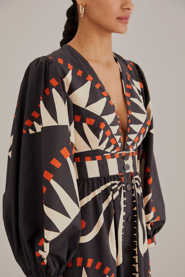 FARM-COCONUT GROVE BLACK V NECKLINE PUFFED SLEEVE MAXI DRESS-JUST BRAZIL