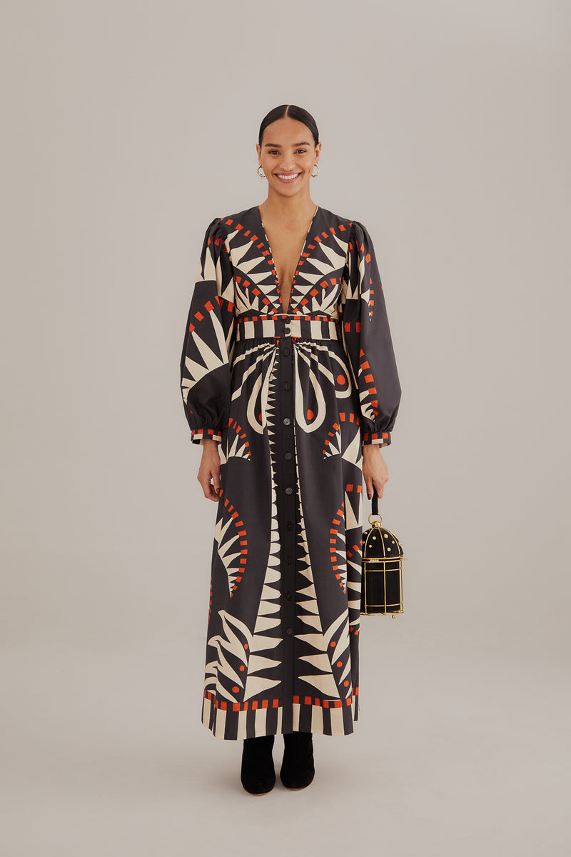 FARM-COCONUT GROVE BLACK V NECKLINE PUFFED SLEEVE MAXI DRESS-JUST BRAZIL