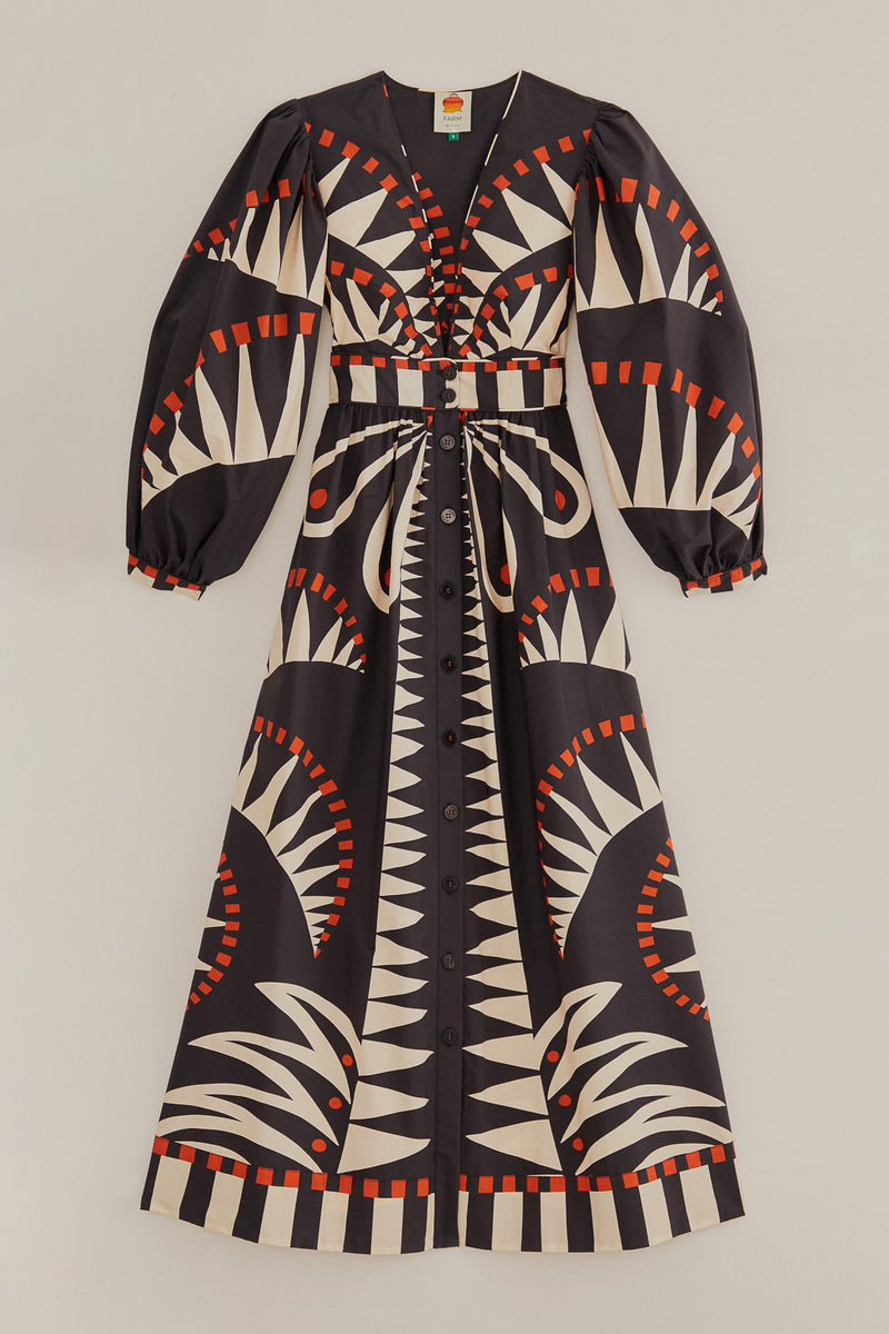 FARM-COCONUT GROVE BLACK V NECKLINE PUFFED SLEEVE MAXI DRESS-JUST BRAZIL