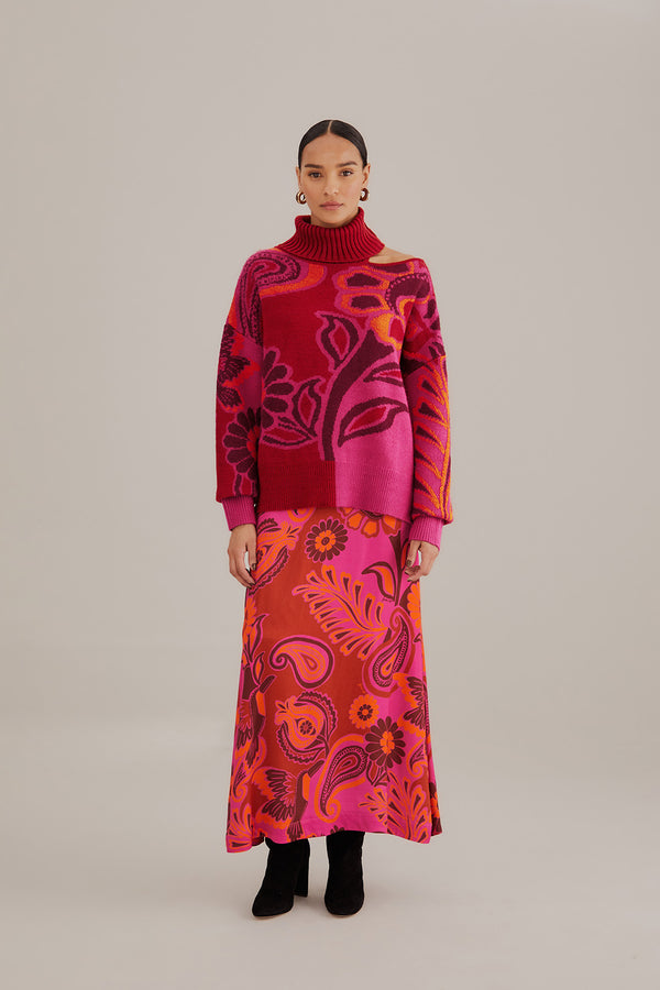FARM-BOLD FLORAL PINK SATIN MAXI SKIRT-JUST BRAZIL