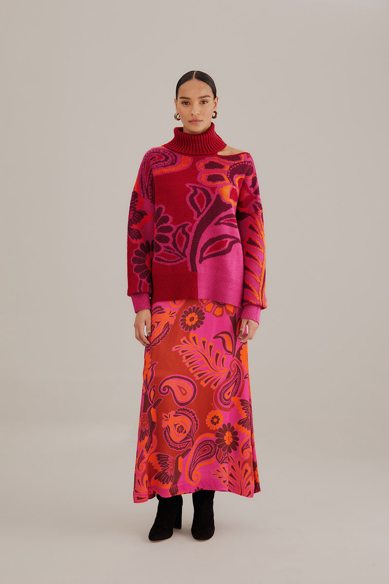 FARM-BOLD FLORAL PINK SATIN MAXI SKIRT-JUST BRAZIL